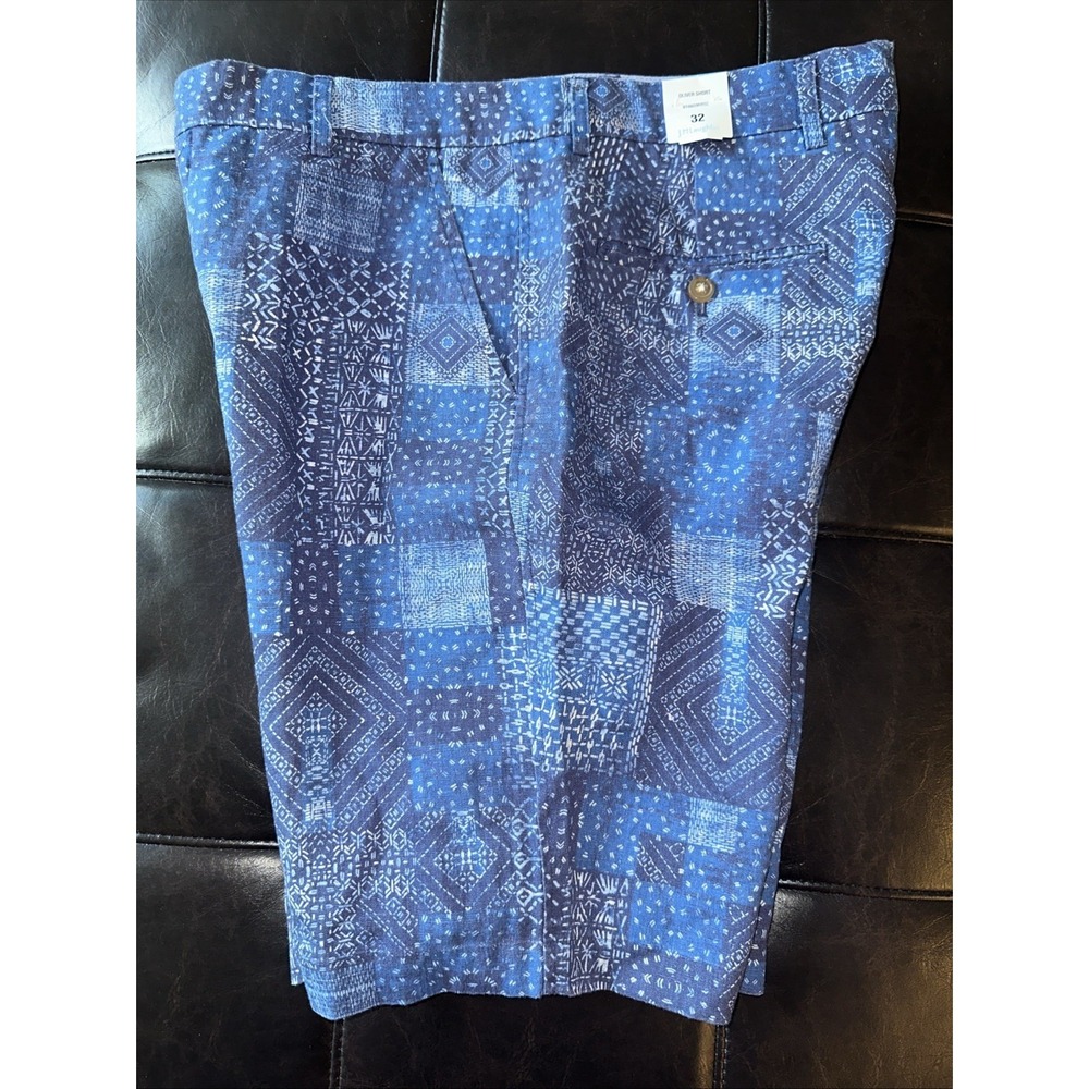 J. McLaughlin Men‎ Size 32 Oliver Denim Blue Diamond Patchwork Linen Shorts Blue